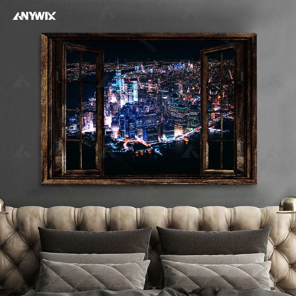 Amazing City Skyline Night Through Rustic Window Wrapped Or Framed Poster, Ca…