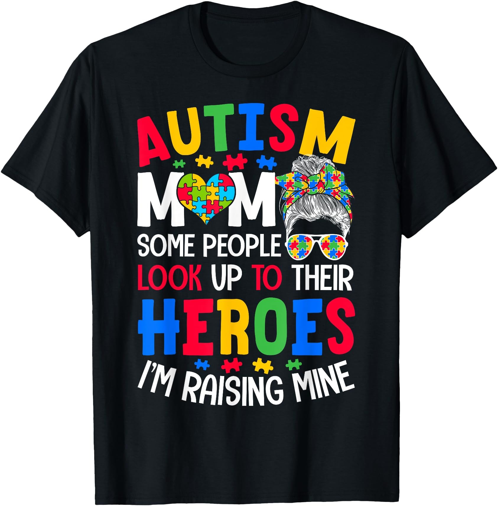 Autism Mom Raising Hero Groovy Messy Bun Autism Awareness T-Shirt - Picture 2 of 20