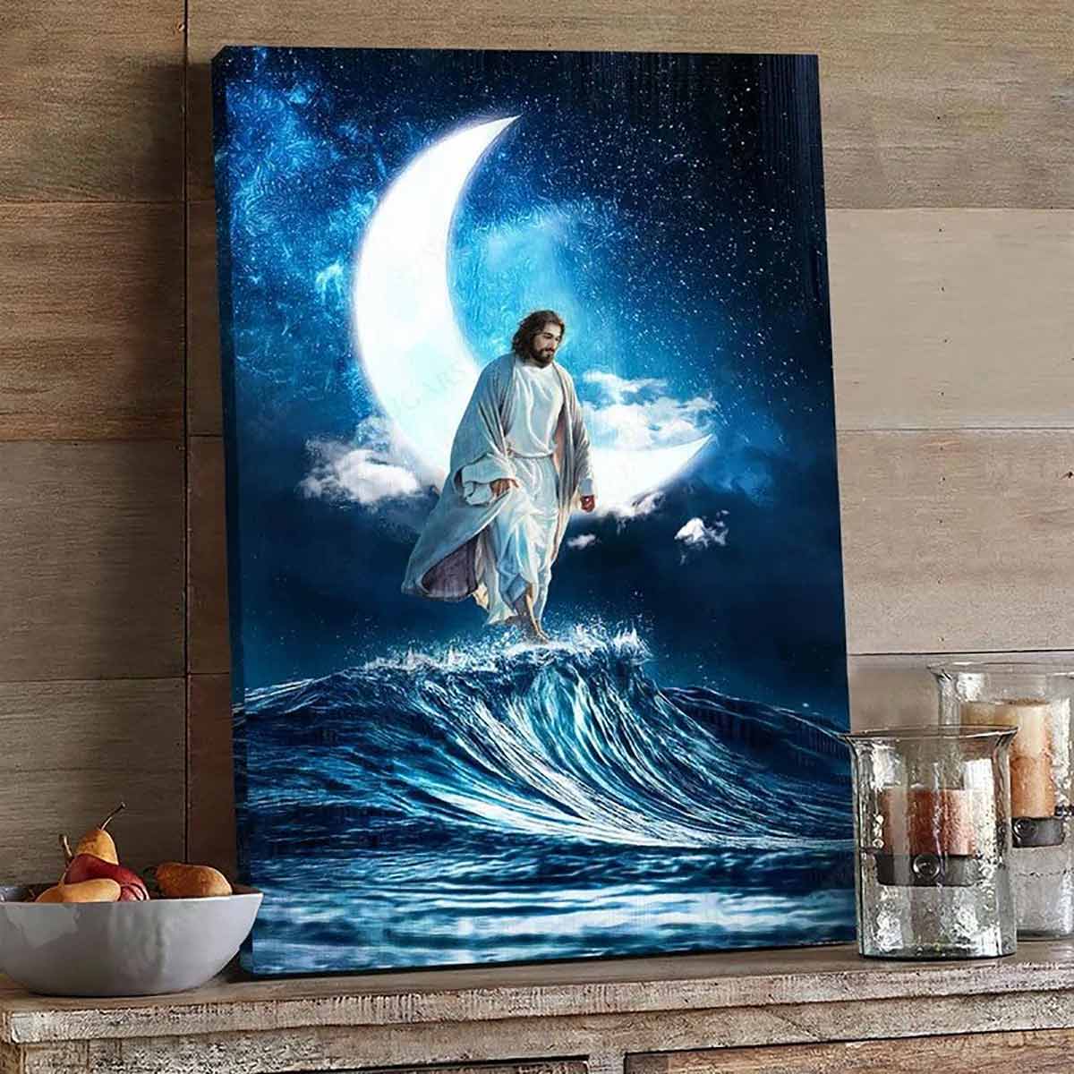 Beautiful Moon Night Sky Jesus Walks On Water Graphic Prints Canvas Wall Are ... - Picture 2 of 11