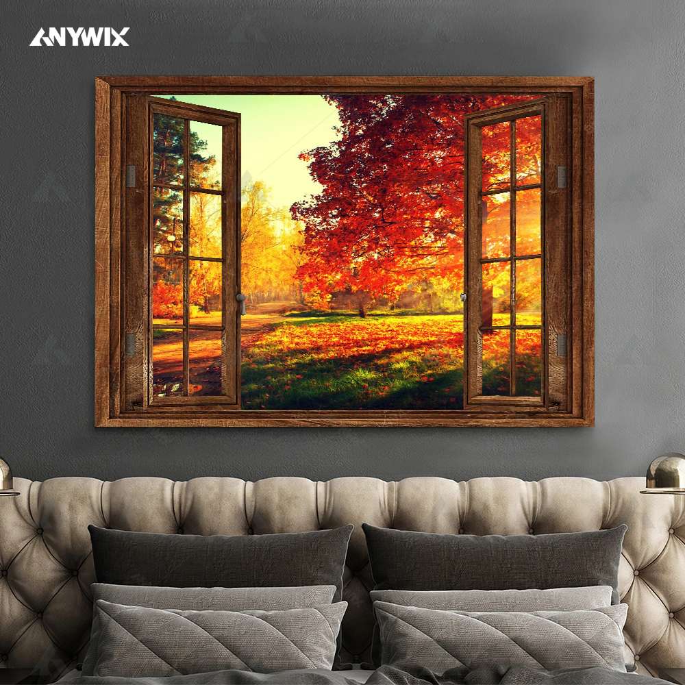 Beautiful Morning Park In Autumn Through Rustic Window Large Sizes Wrapped Or... - Picture 2 of 11