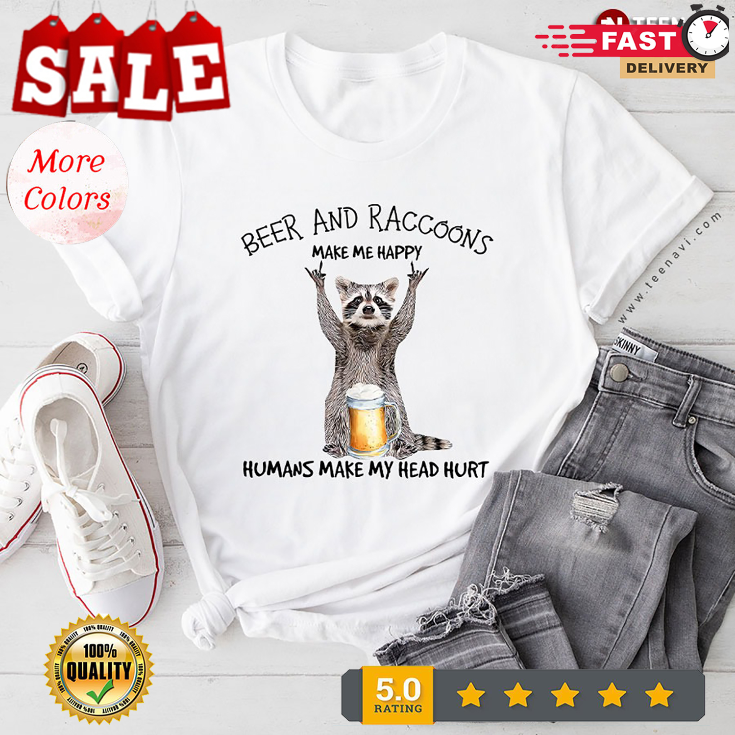 Beer And Raccoons Make Me Happy Humans Make My Head Hurt T-Shirt - Picture 2 of 20