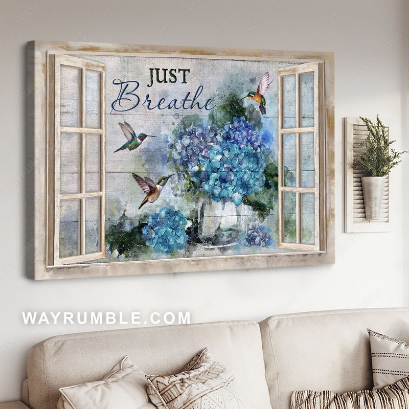Blue hydrangea, Green hummingbird, Window frame, Just breathe – Jesus Landsca…