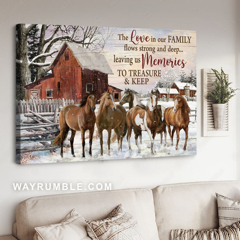 Brown horse, Beautiful snowfall, Rustic farmhouse, The love in our family – J…