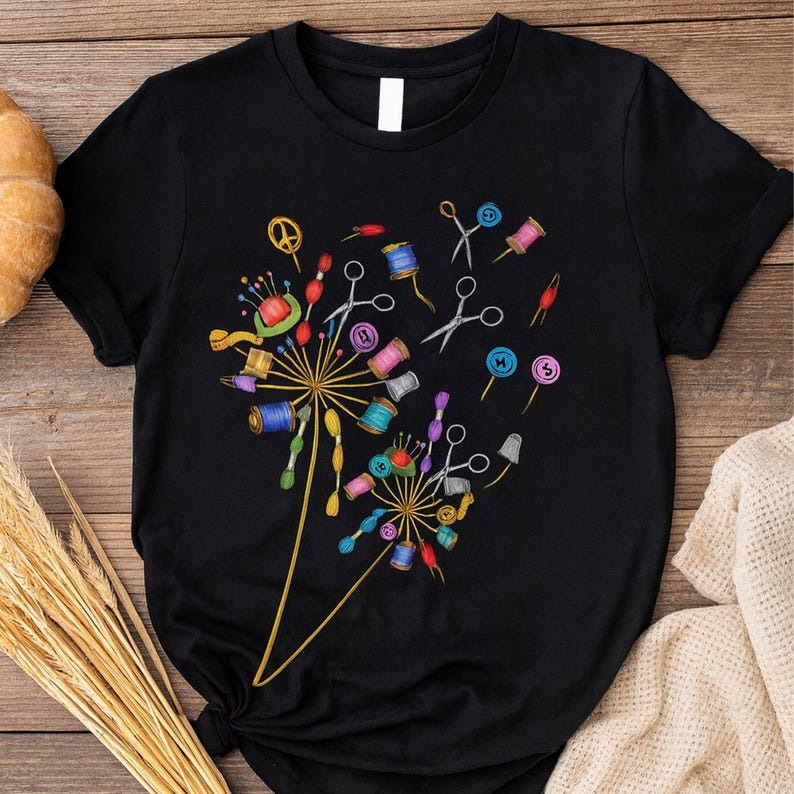 Cute Sewing T-shirt, Quilting Equipment Dandelion Shirt, Flying Flower Tee fo…