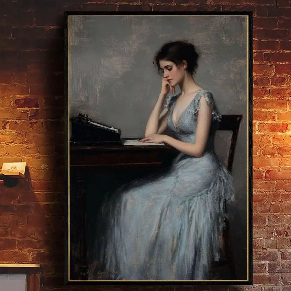 French Portrait Painting In Moody Grey Tones, Vintage Woman Sitting Poster