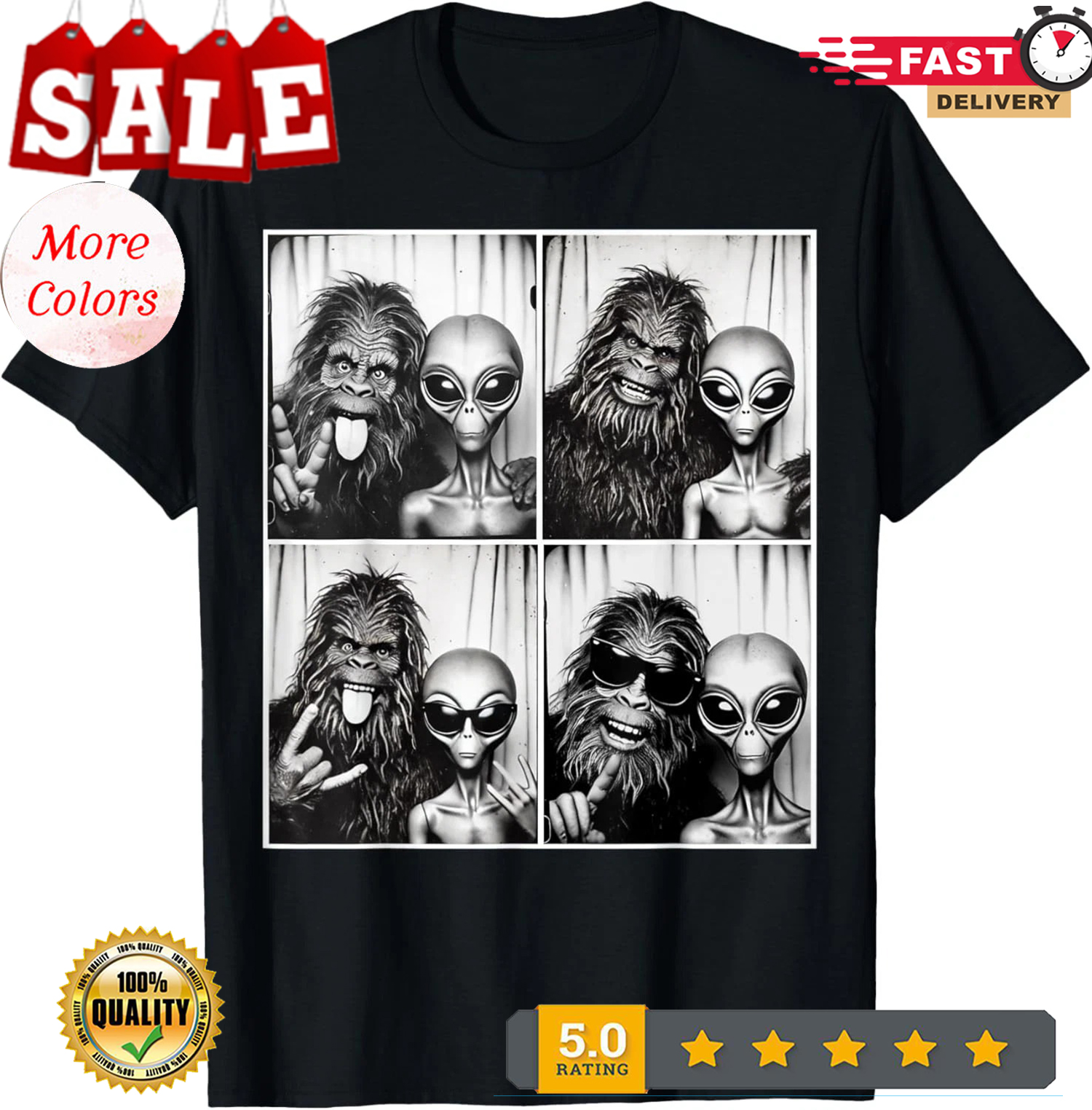 Funny Photobooth Photo Sasquatch UFO Bigfoot And Alien T-Shirt - Picture 2 of 14