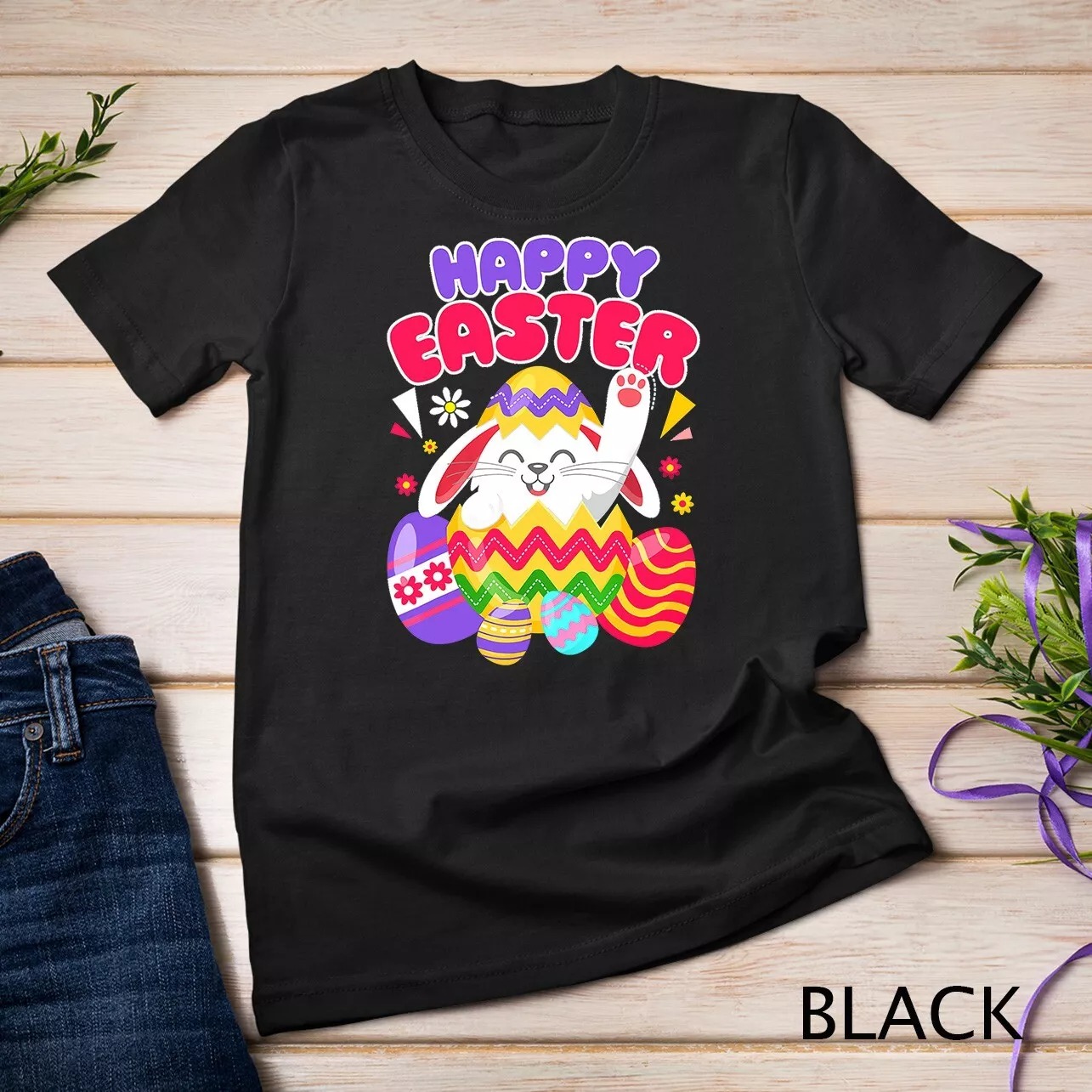 Happy Easter Bunny Easter Eggs T-Shirt Unisex T-shirt - Picture 2 of 20