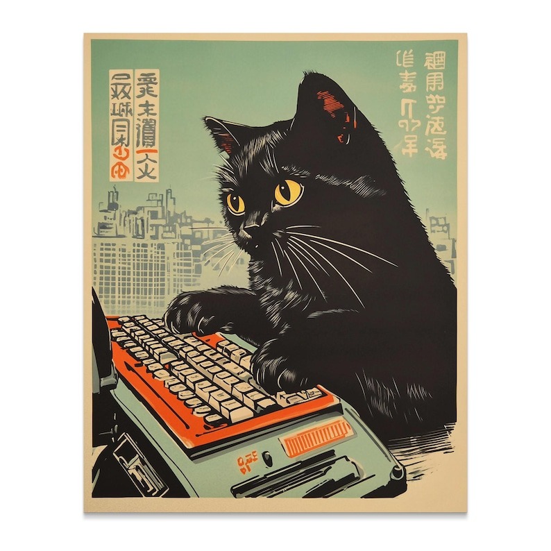 Japanese Retro Block Cat Typing Poster, Vintage Inspired Asian Art Print, Cut... - Picture 2 of 7