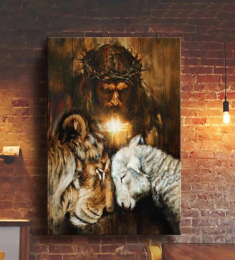 Jesus Painting Lion And Lamb Cross Symbol Beautiful Night Graphic Prints Canv…