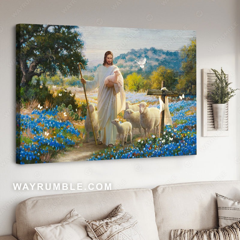 Jesus the good shepherd, Lambs of God, Blue flowers, Easter cross – Jesus Lan…