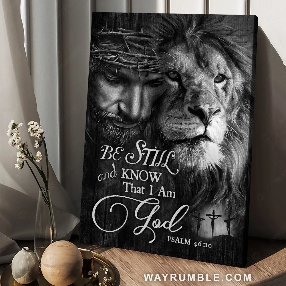 Lion with Jesus, Black and white painting, Be still and know that I am God – …