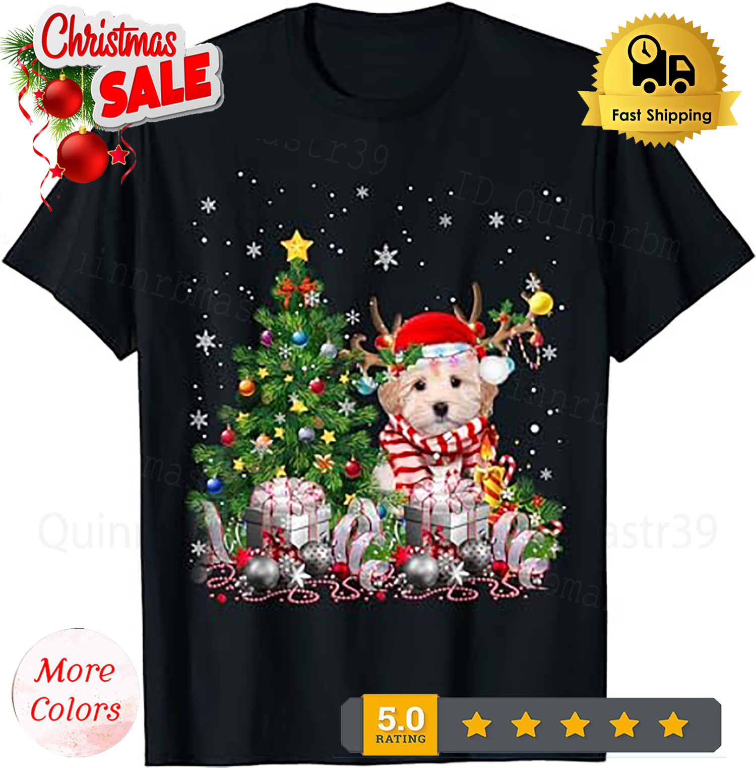 Maltipoo Dog Christmas Tree Lights Santa Pajamas Xmas T-Shirt.