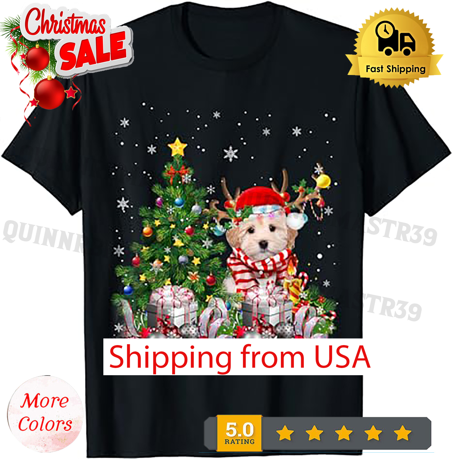 Maltipoo Dog Christmas Tree Lights Santa Pajamas Xmas T-Shirt.
