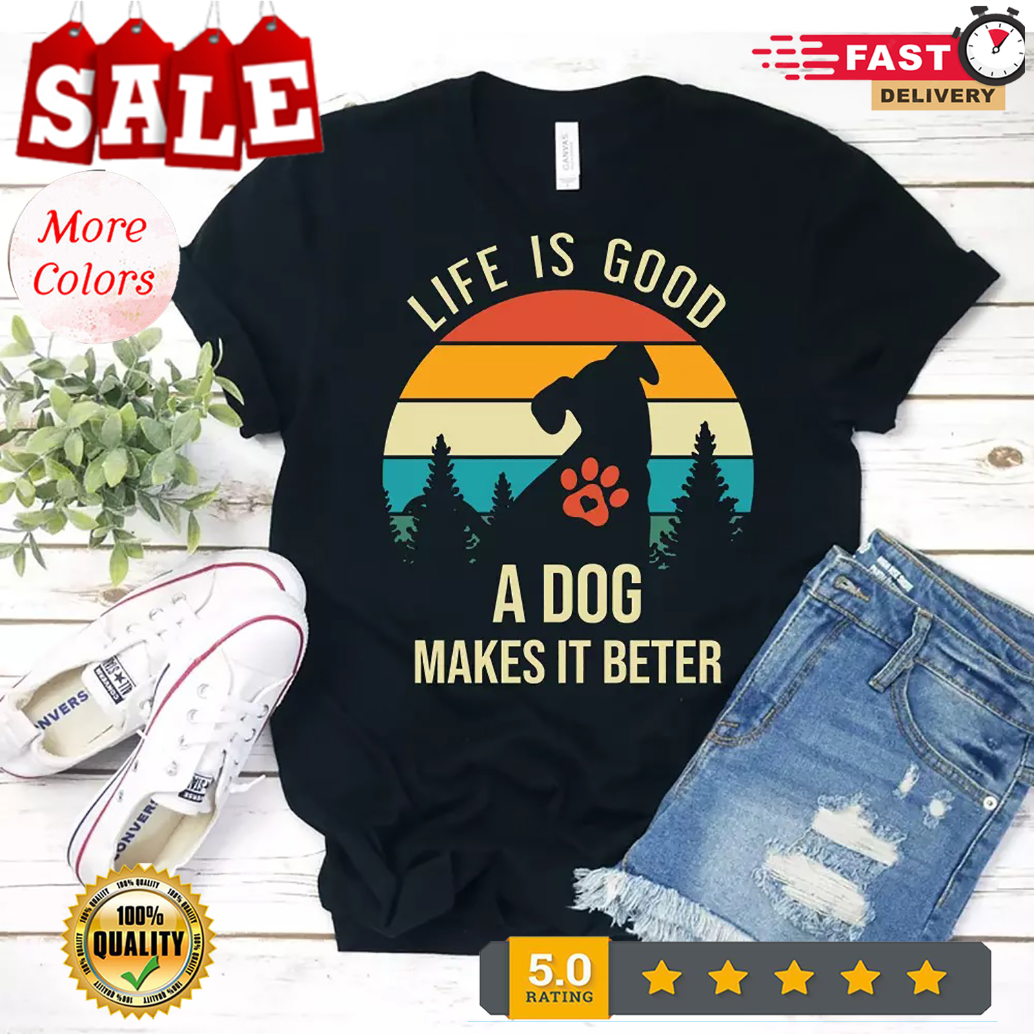 Mens Life Is Good A Dog Makes It Better Mens Short Sleeve Cotton Black T-shirt - Picture 2 of 14