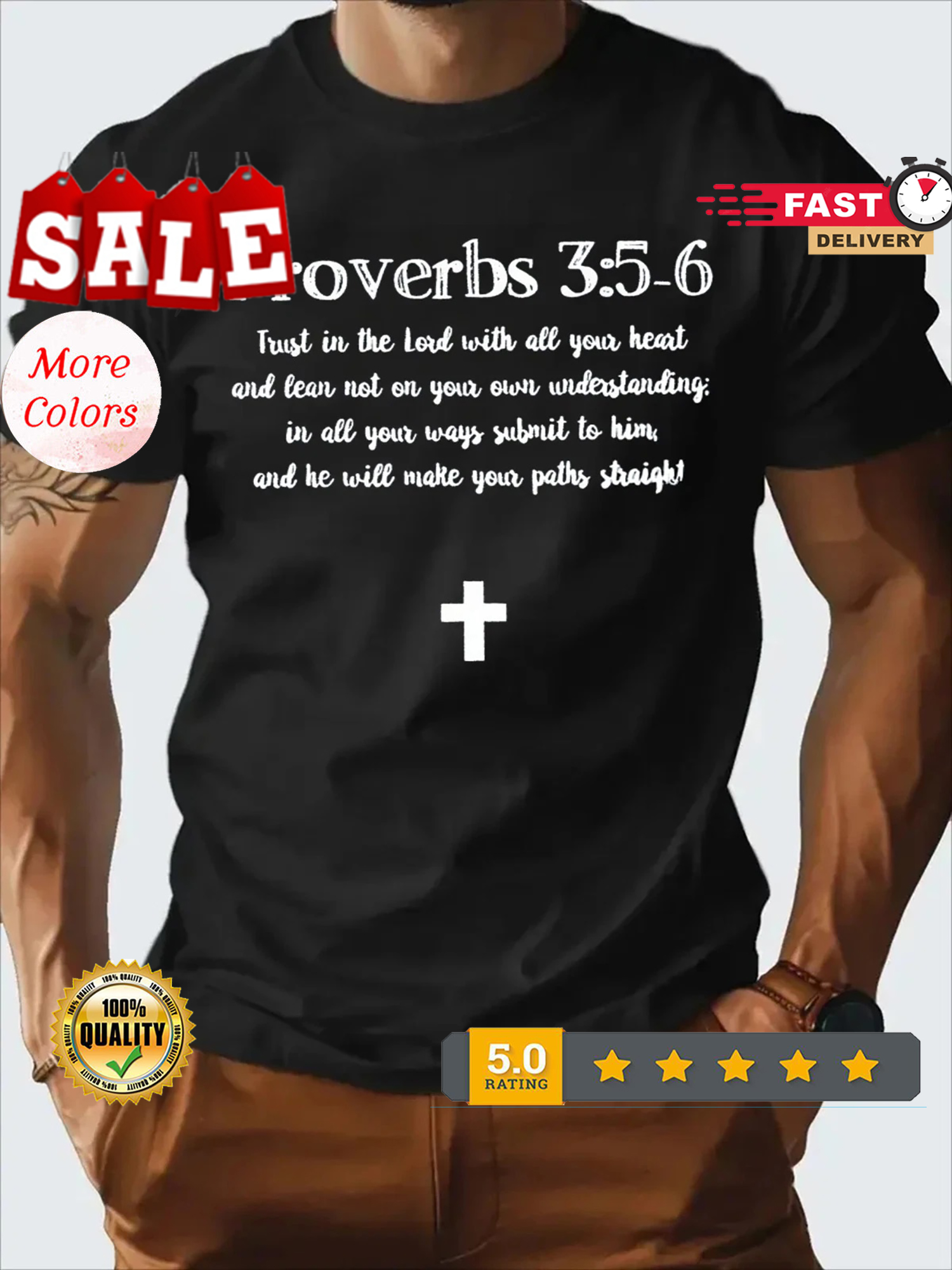 Men’s Proverbs 3 5-6 Inspirational Faith T-Shirt, 100% Cotton, Casual Loose Fit