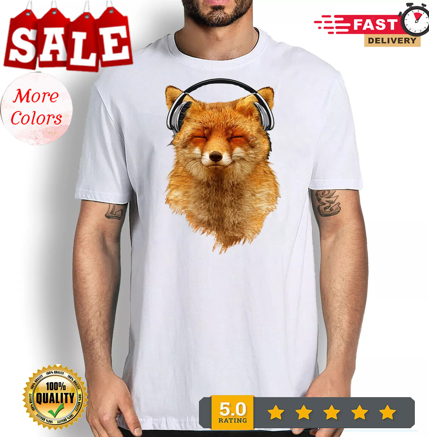 Musical Fox graphic tee Animal Print tshirt fox Headphones Shirt men women - Picture 2 of 20