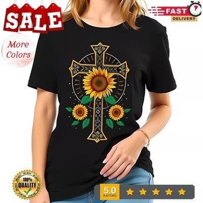 Ornate Cross T-Shirt with Sunflowers - Relaxed Fit Short Sleeve-All - Picture 2 of 14