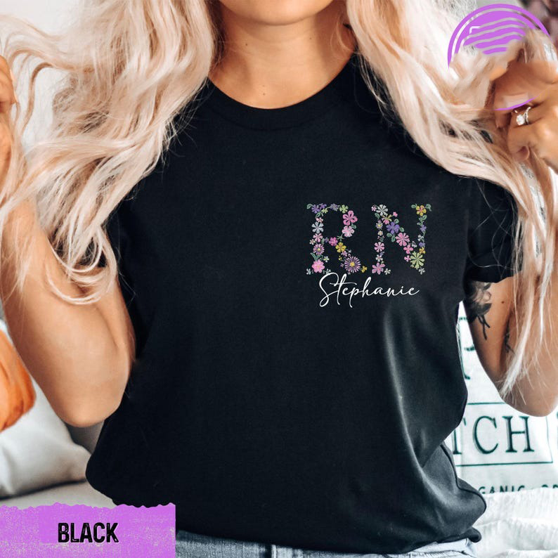 Personalized RN Shirt Floral RN Shirt Custom Nurse Gift Registered Nurse T... - Picture 2 of 20