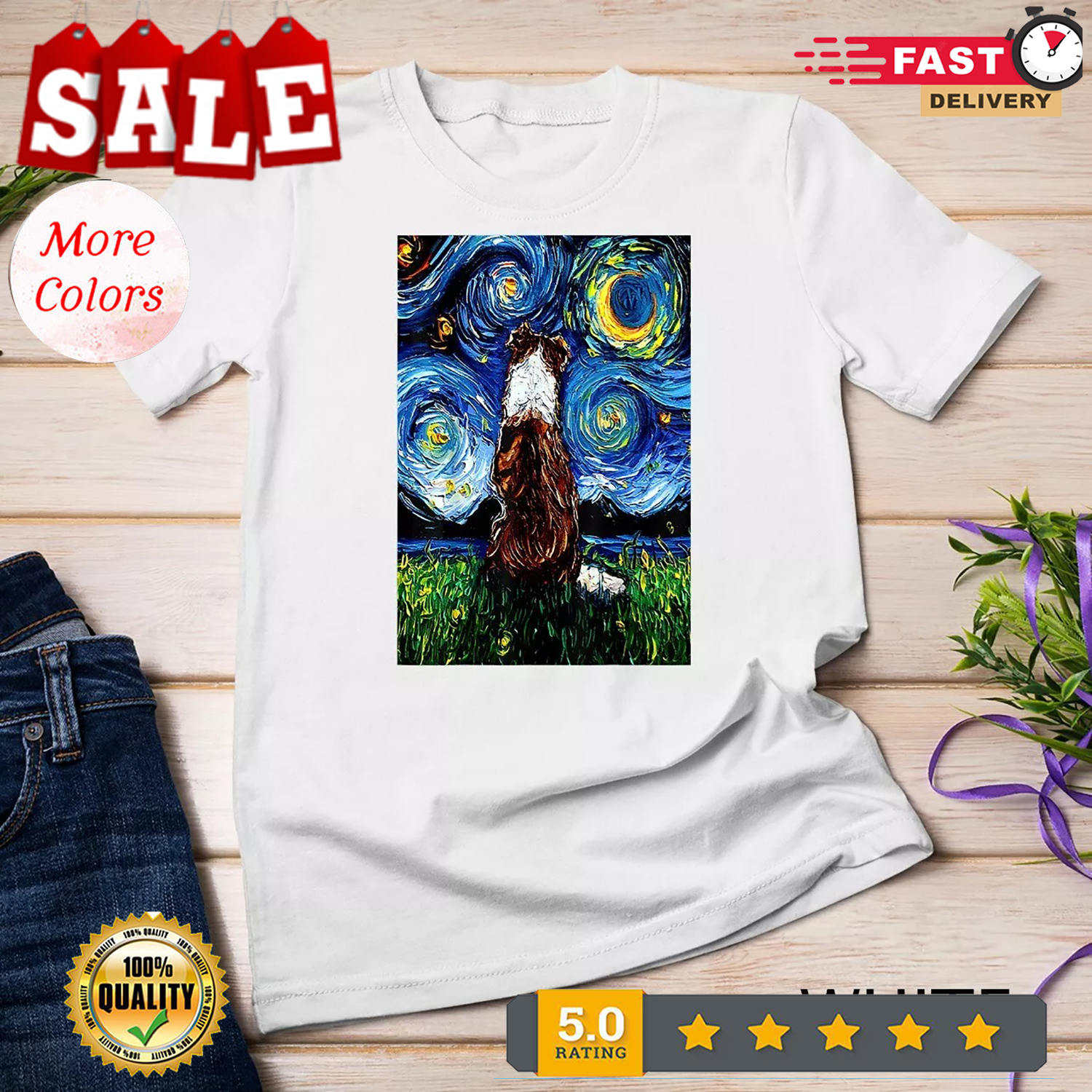 Red and White Border Collie Back Starry Night Dog Art by Aja Unisex T-shirt