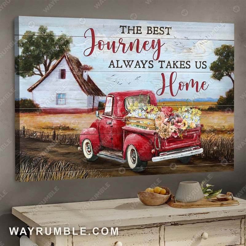Red truck, Farmhouse painting, Meadow drawing, The best journey always takes …