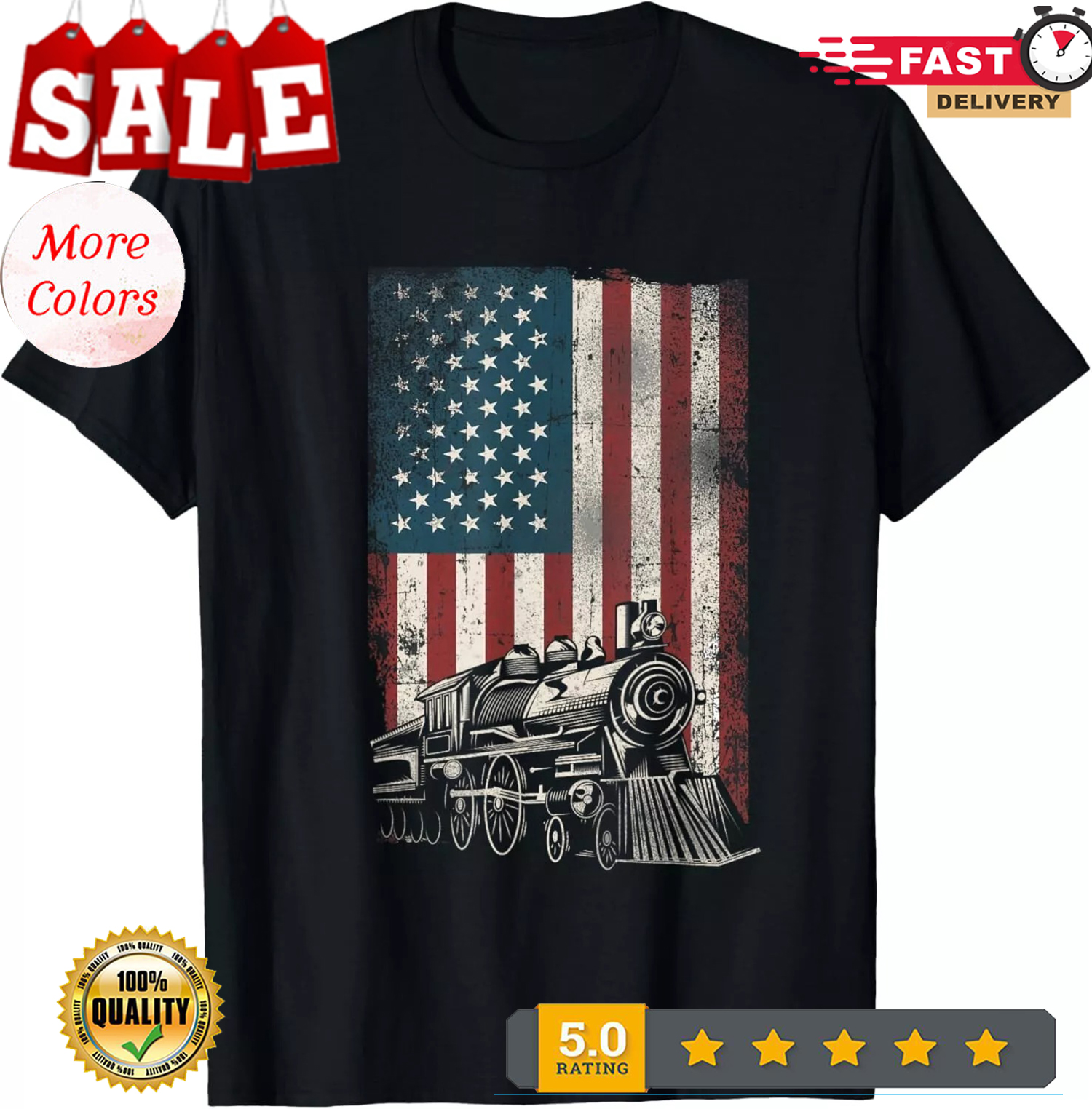 Steam Train Driver Trainspotting Locomotive American Flag Gift Unisex T-Shirt - Picture 2 of 20