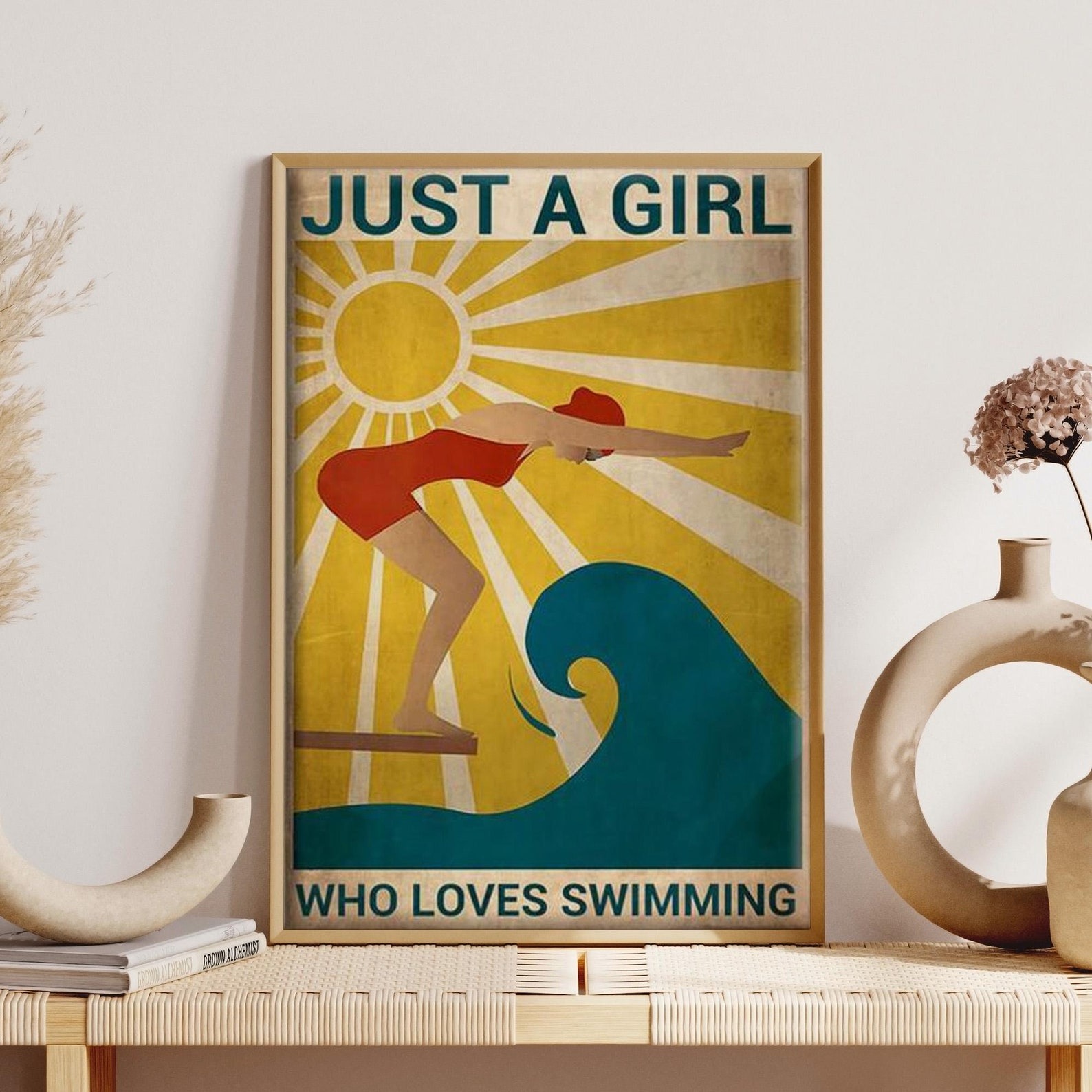 Swimming Girl Pool Art Print, Just A Girl Who Loves Swimming Poster, , Vintag…