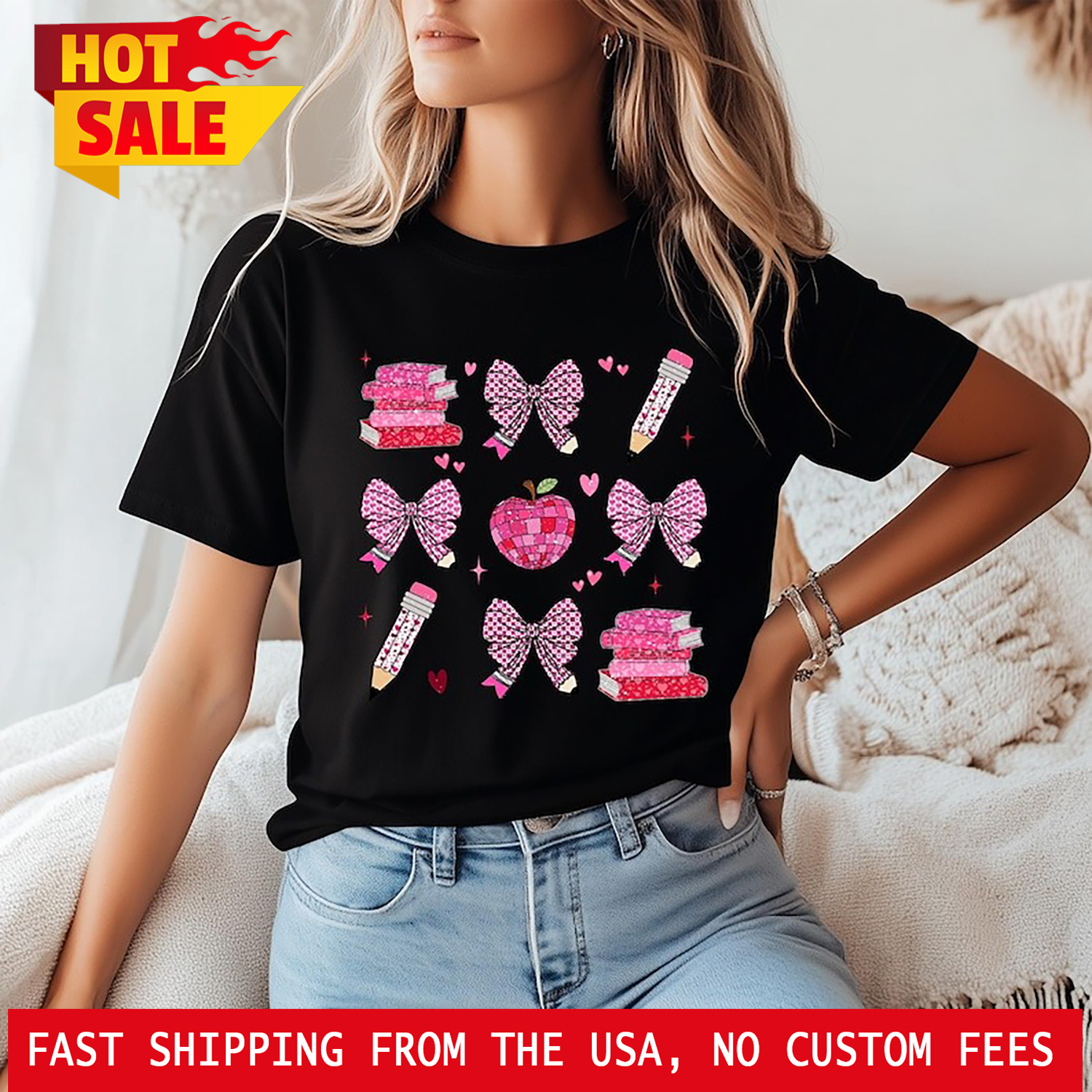 Teacher Valentine Shirt, Cute Bow Apple Pencil Books Tee, Pink Classroom Love…