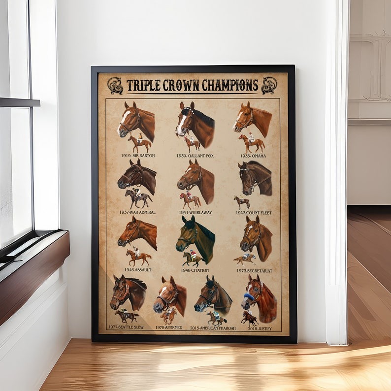 Triple Crown Champions Horse Knowledge Poster, , Vintage Horse Racing Wall Ar…