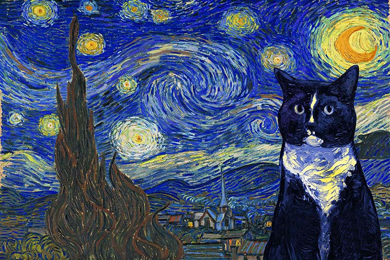 Tuxedo Cat Van Gogh Style Starry Night Poster - Bild 2 von 8