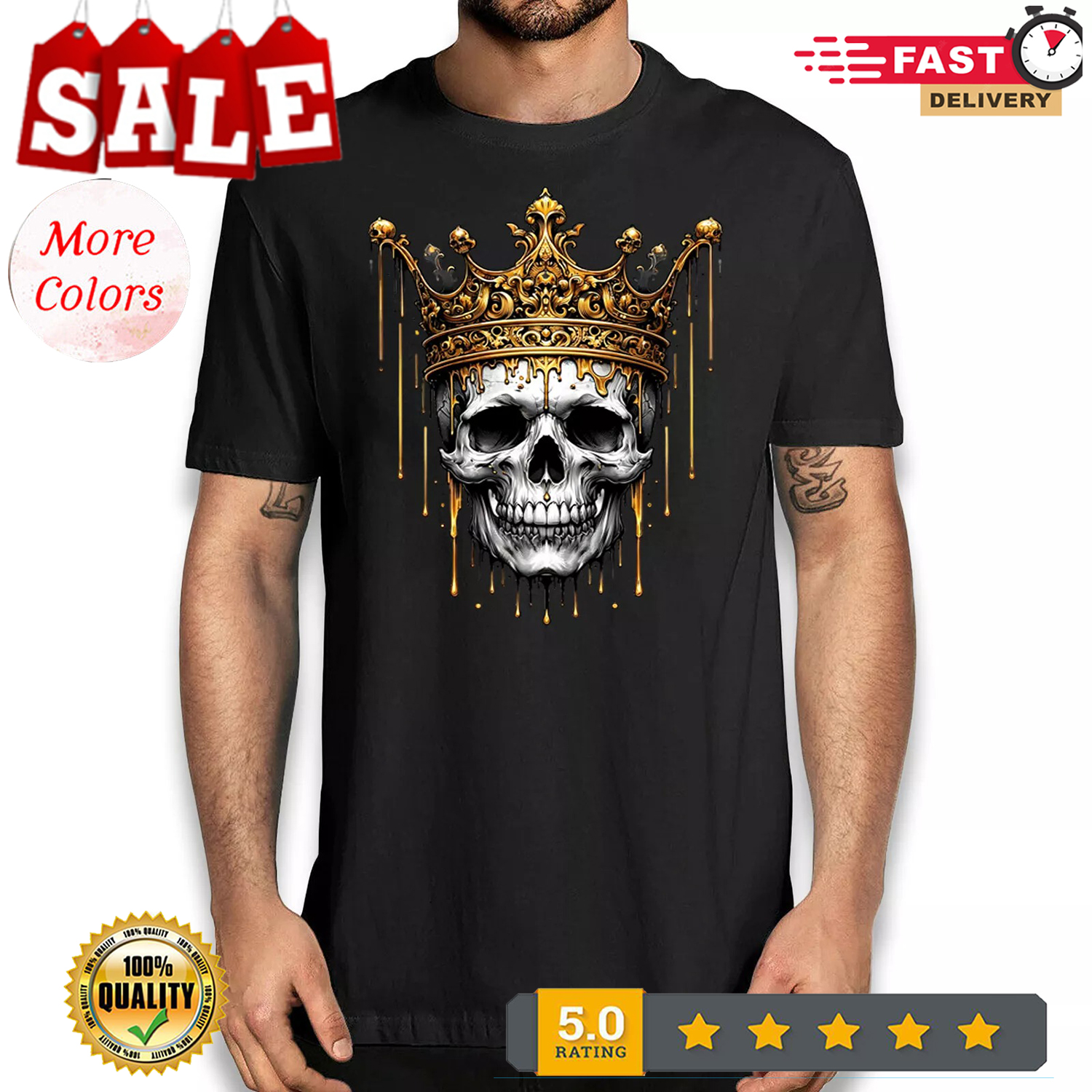 Vintage Golden Skull King T-Shirt - Artistic Royal Crown Neuheit Grafik Tee - Bild 2 von 20