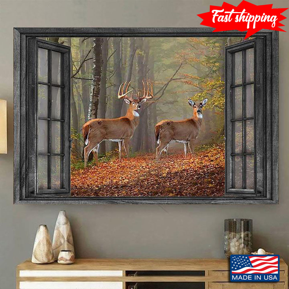 Vintage Window Frame With Deer Couple In The Forest - Picture 2 of 11