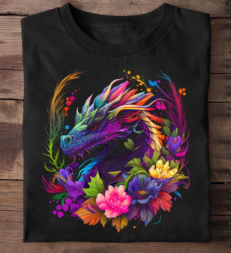 Watercolor Dragon Flowers Beautiful Art Colorful Graphic Dragon T Shirt- Drag…