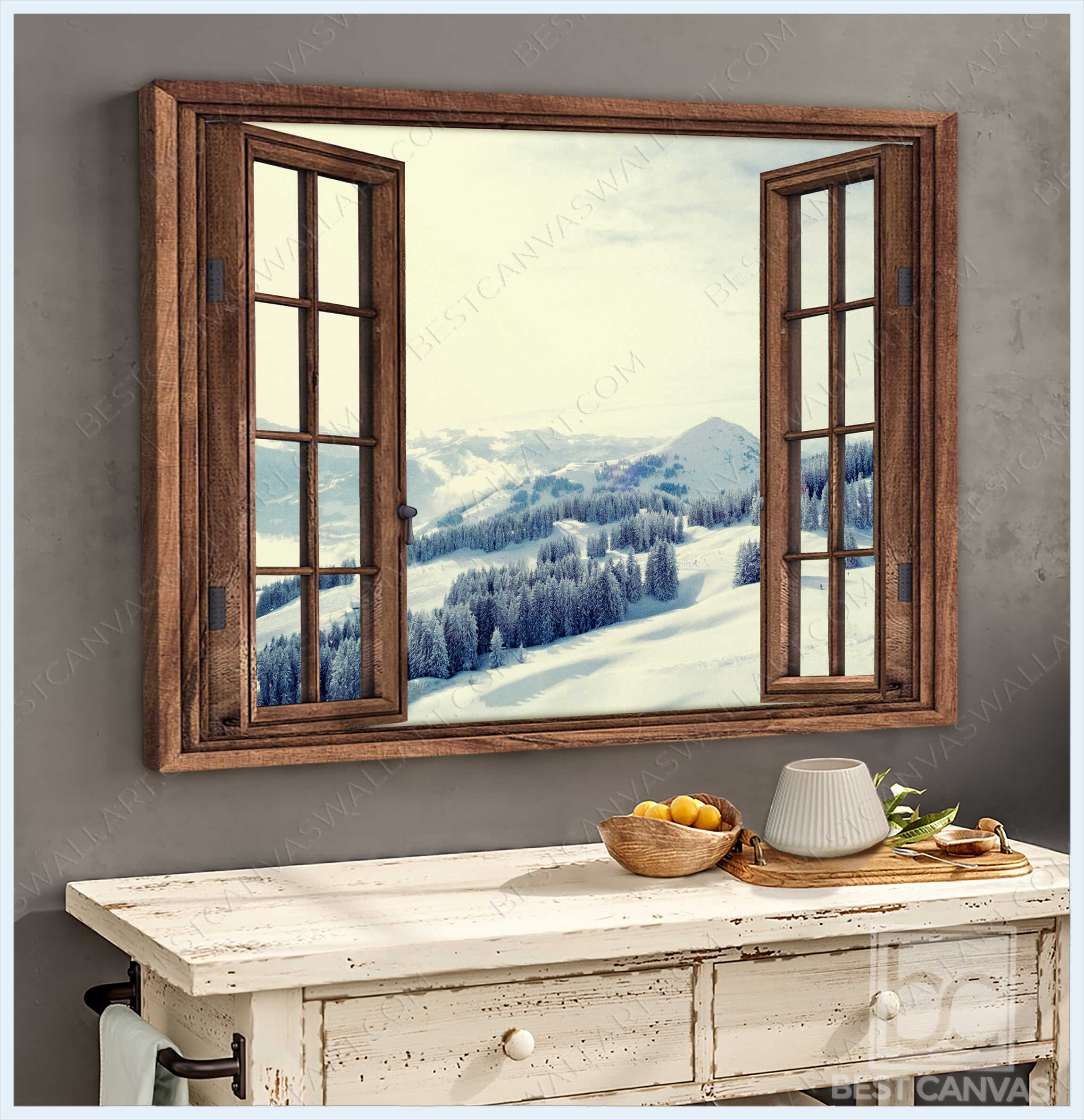Winter Wandbild Schnee Berge durch rustikales Fenster gewickelt und gerahmt Leinwand... - Bild 2 von 11